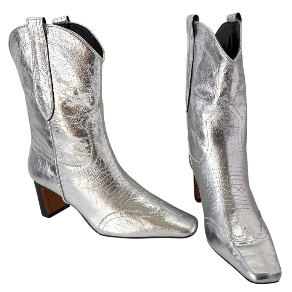 Steve Madden Josefine Western Boot Silver Leather Block Heel Calf Boots Size 8 - Picture 3 of 10